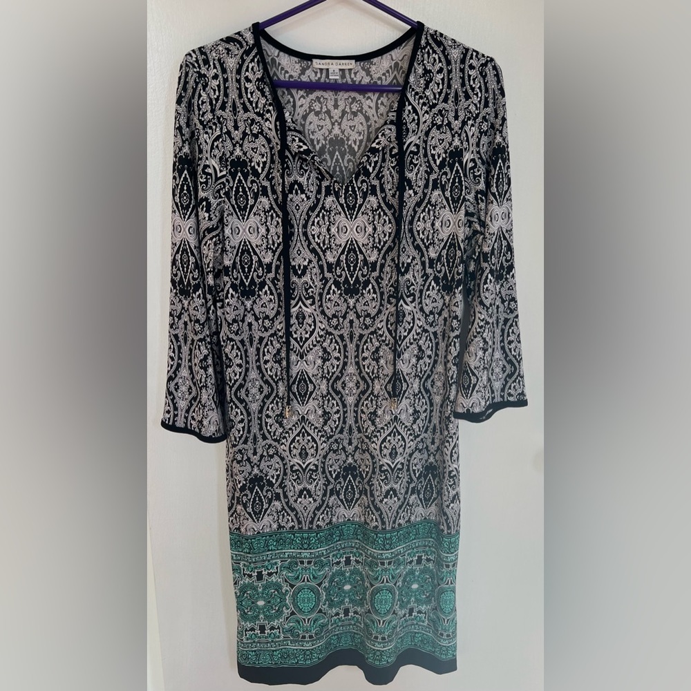 Sandra Darren Black White Green Mid Length Sleeve Dress